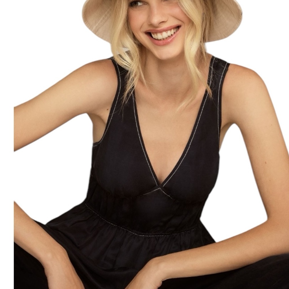 Sancia The Oda V Neck Elegant Navy Blue Smocked Linen Tencel Jumpsuit NWTA - Picture 3 of 9